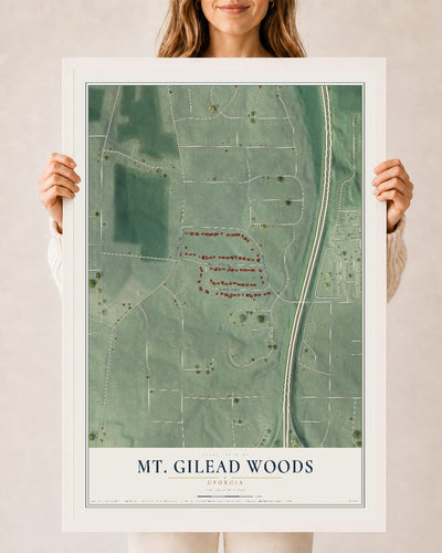 Mt. Gilead Woods, Georgia map print, 24" x 36" W/ White Ayous Wood Frame mockup