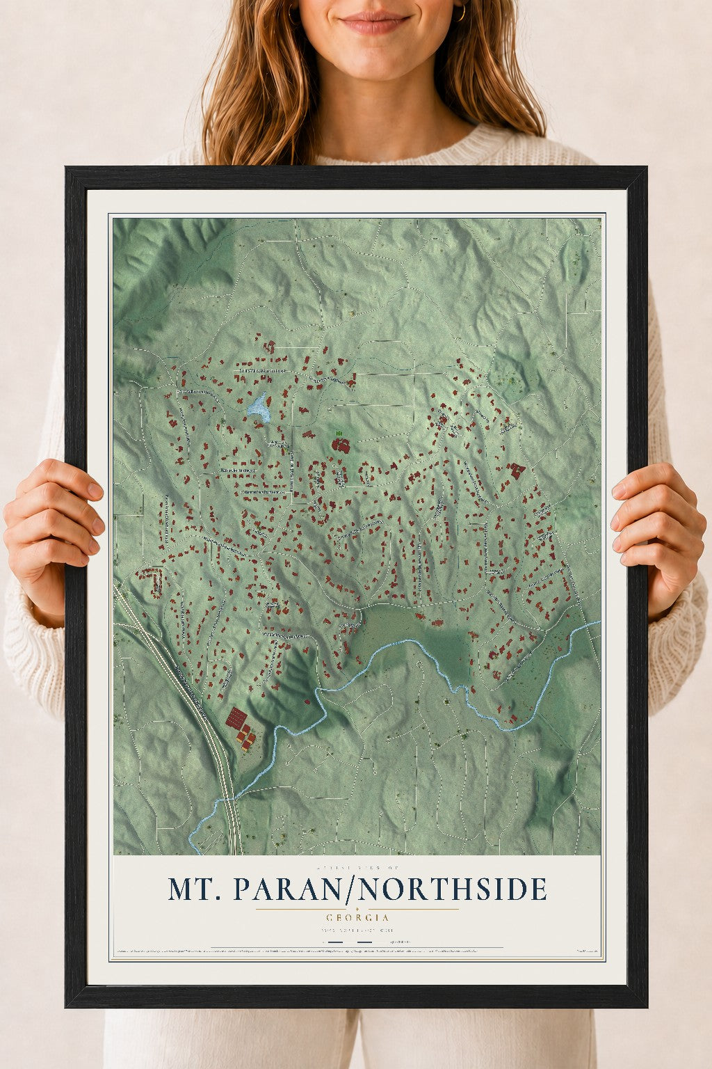 Mt. Paran-Northside, Georgia map print, 18" x 24" W/ Black Ayous Wood Frame mockup