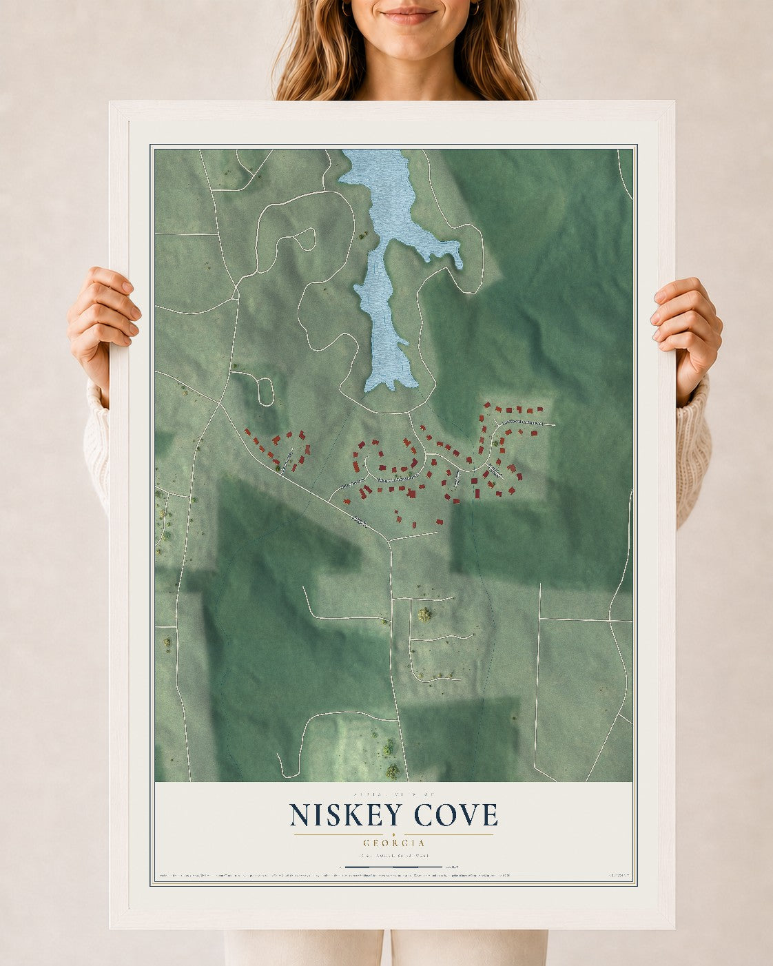 Niskey Cove, Georgia map print, 24" x 36" W/ White Ayous Wood Frame mockup