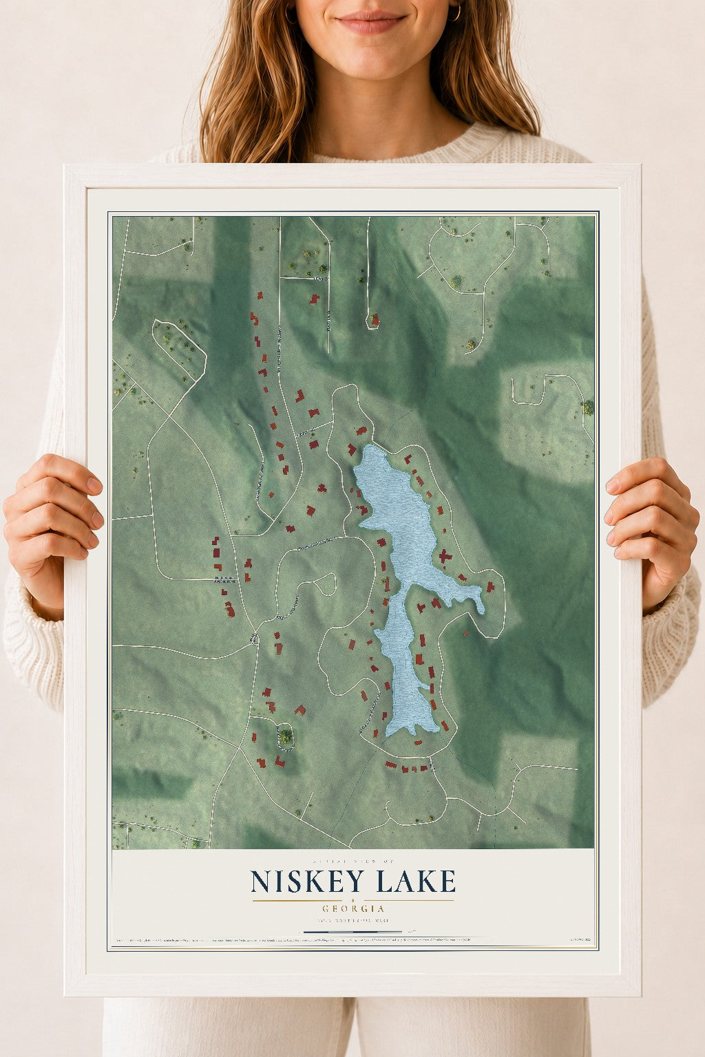 Niskey Lake, Georgia map print, 18" x 24" W/ White Ayous Wood Frame mockup
