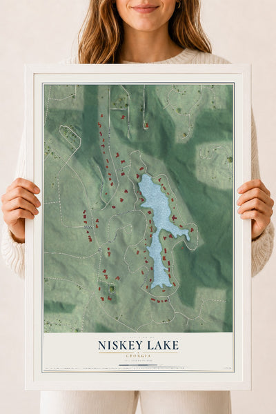 Niskey Lake, Georgia map print, 18" x 24" W/ White Ayous Wood Frame mockup