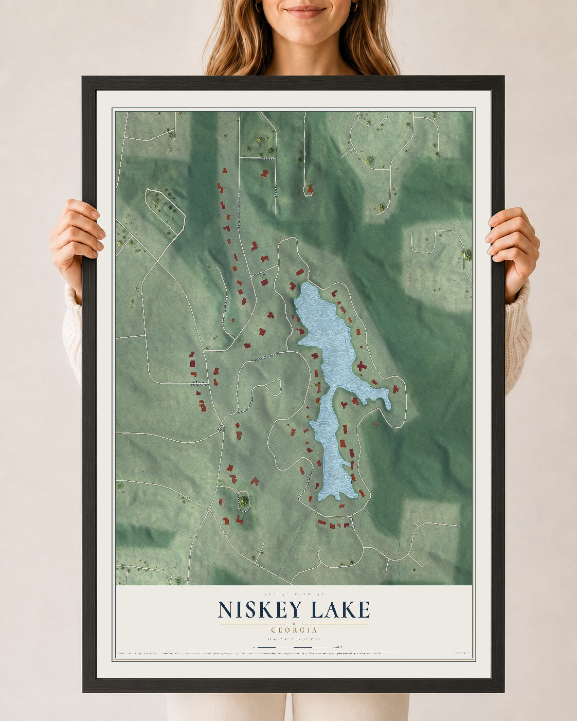 Niskey Lake, Georgia map print, 24" x 36" W/ Black Ayous Wood Frame mockup