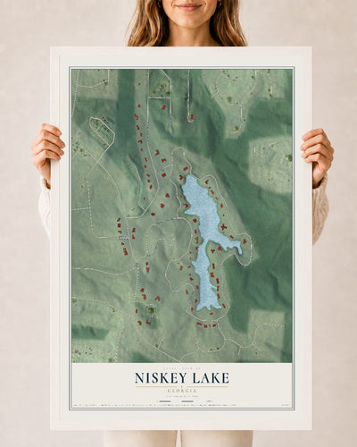 Niskey Lake, Georgia map print, 24" x 36" W/ White Ayous Wood Frame mockup