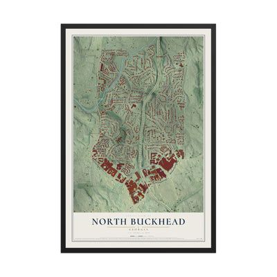 North Buckhead, Georgia map print, 12" x 18" W/ Black Ayous Wood Frame mockup