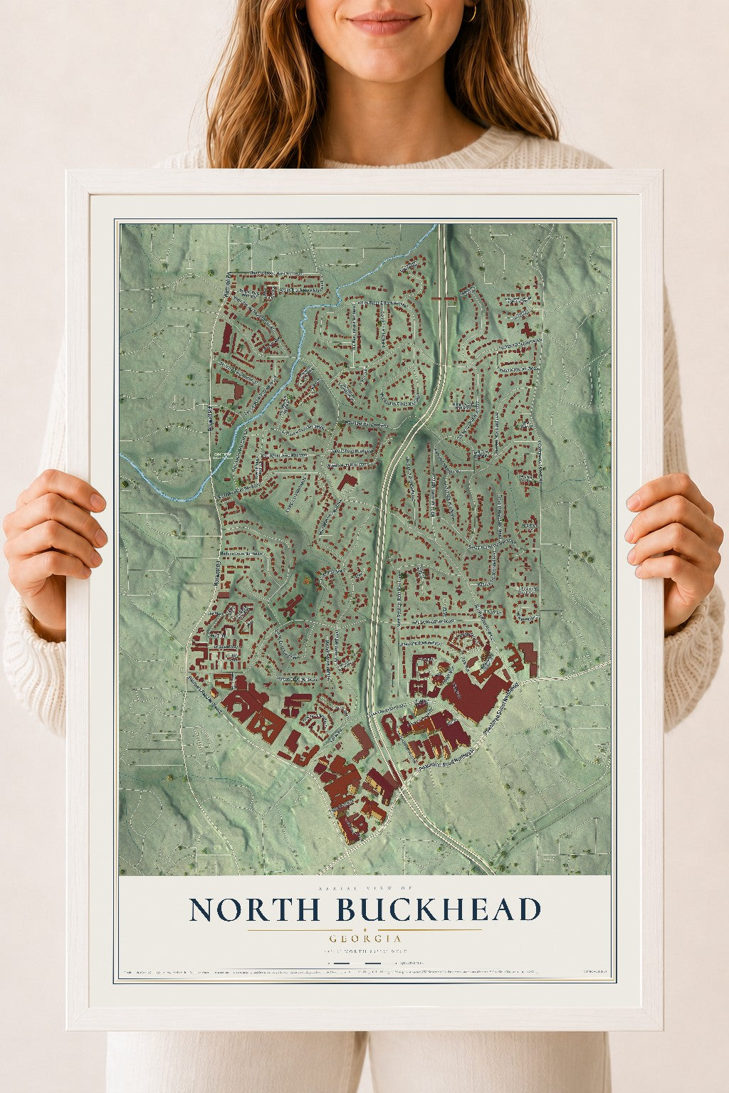 North Buckhead, Georgia map print, 18" x 24" W/ White Ayous Wood Frame mockup