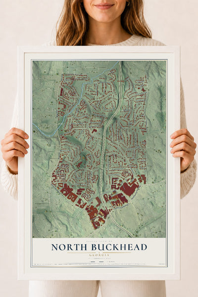 North Buckhead, Georgia map print, 18" x 24" W/ White Ayous Wood Frame mockup