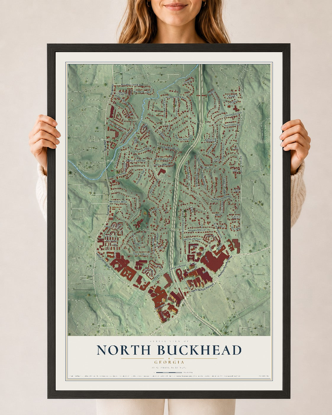 North Buckhead, Georgia map print, 24" x 36" W/ Black Ayous Wood Frame mockup