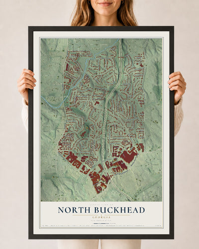 North Buckhead, Georgia map print, 24" x 36" W/ Black Ayous Wood Frame mockup