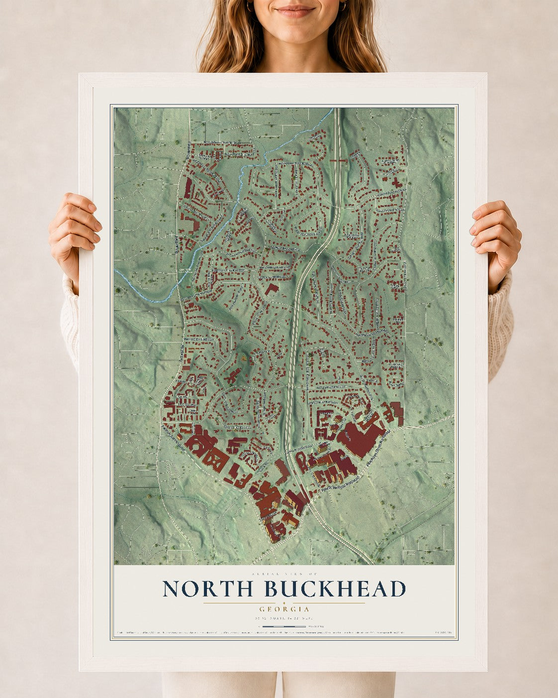 North Buckhead, Georgia map print, 24" x 36" W/ White Ayous Wood Frame mockup