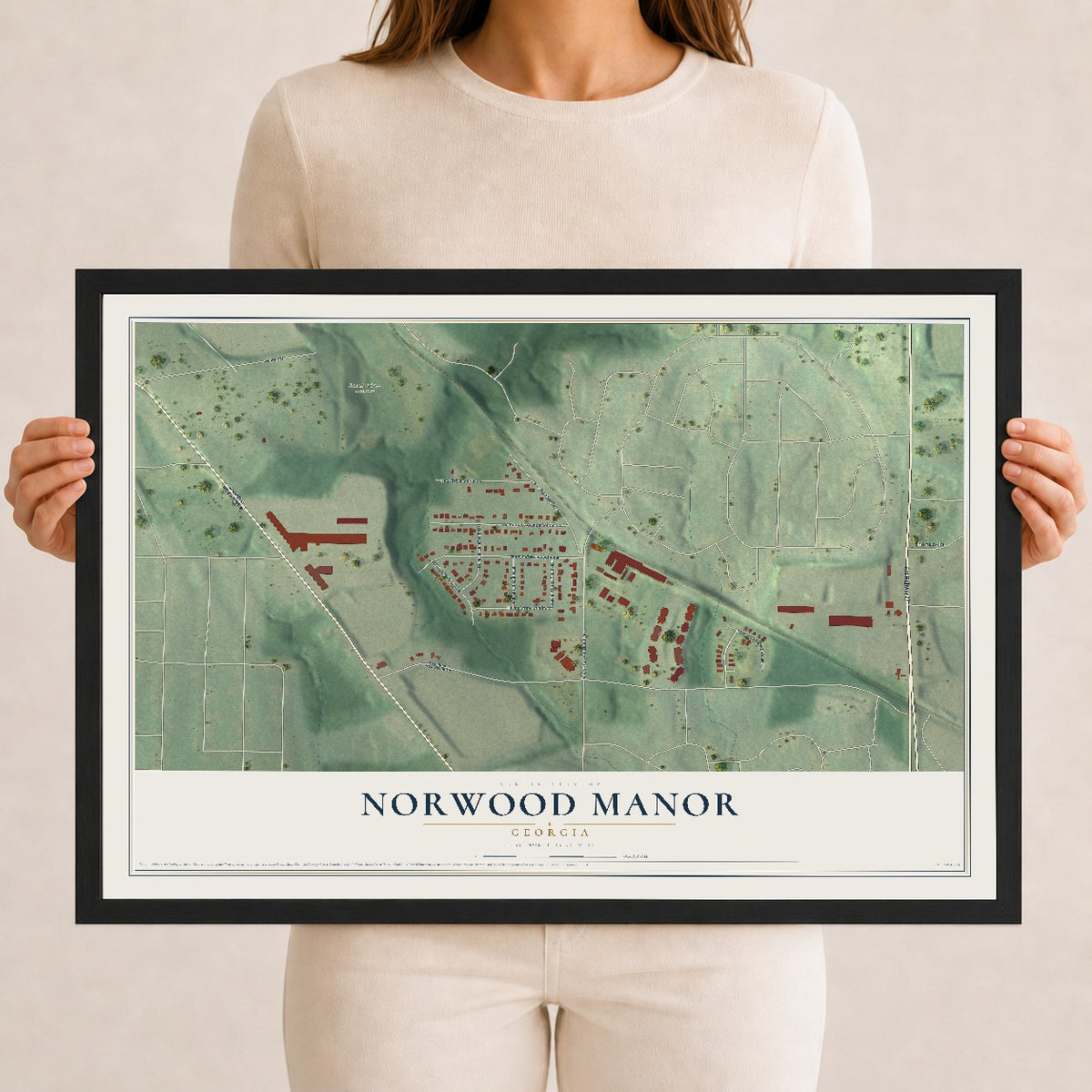Norwood Manor, Georgia map print, 12" x 18" W/ Black Ayous Wood Frame mockup