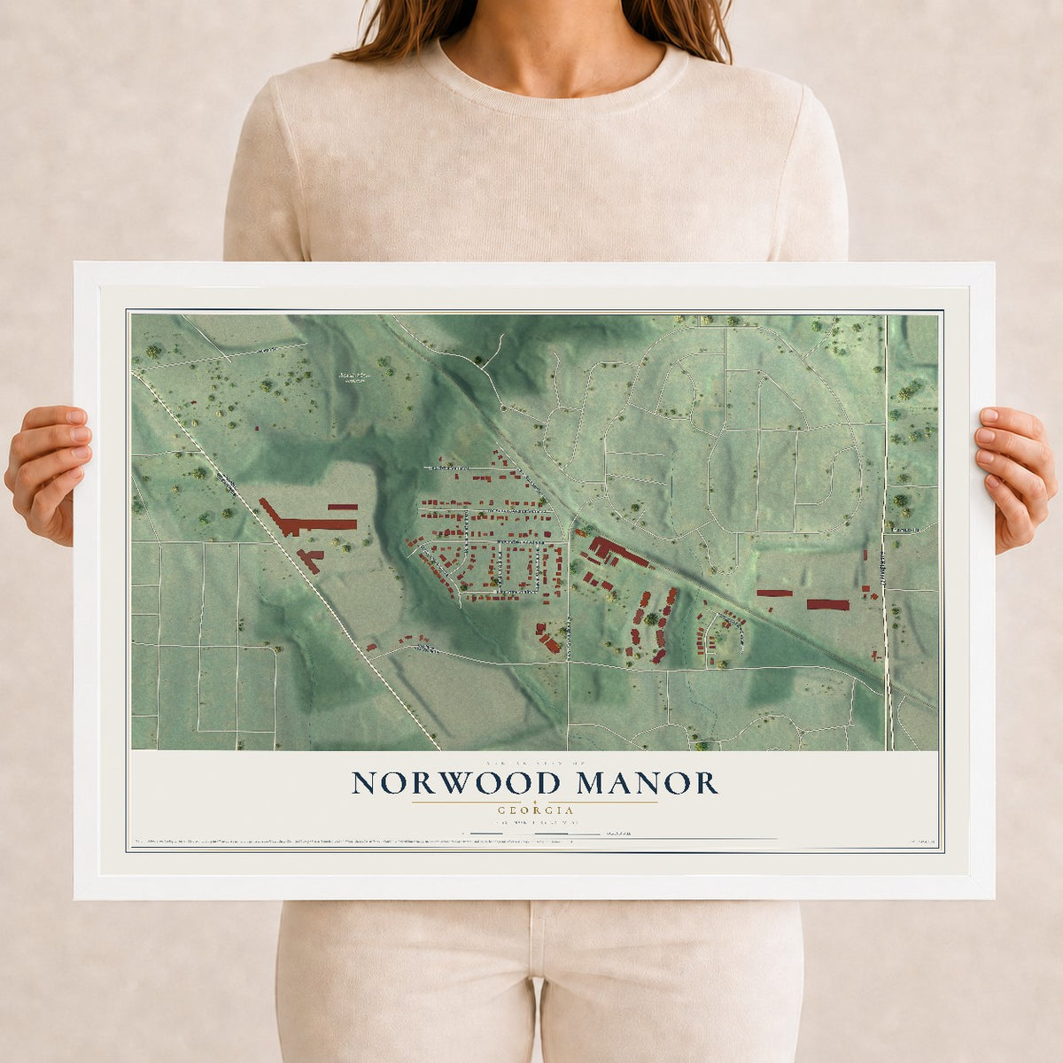Norwood Manor, Georgia map print, 12" x 18" W/ White Ayous Wood Frame mockup