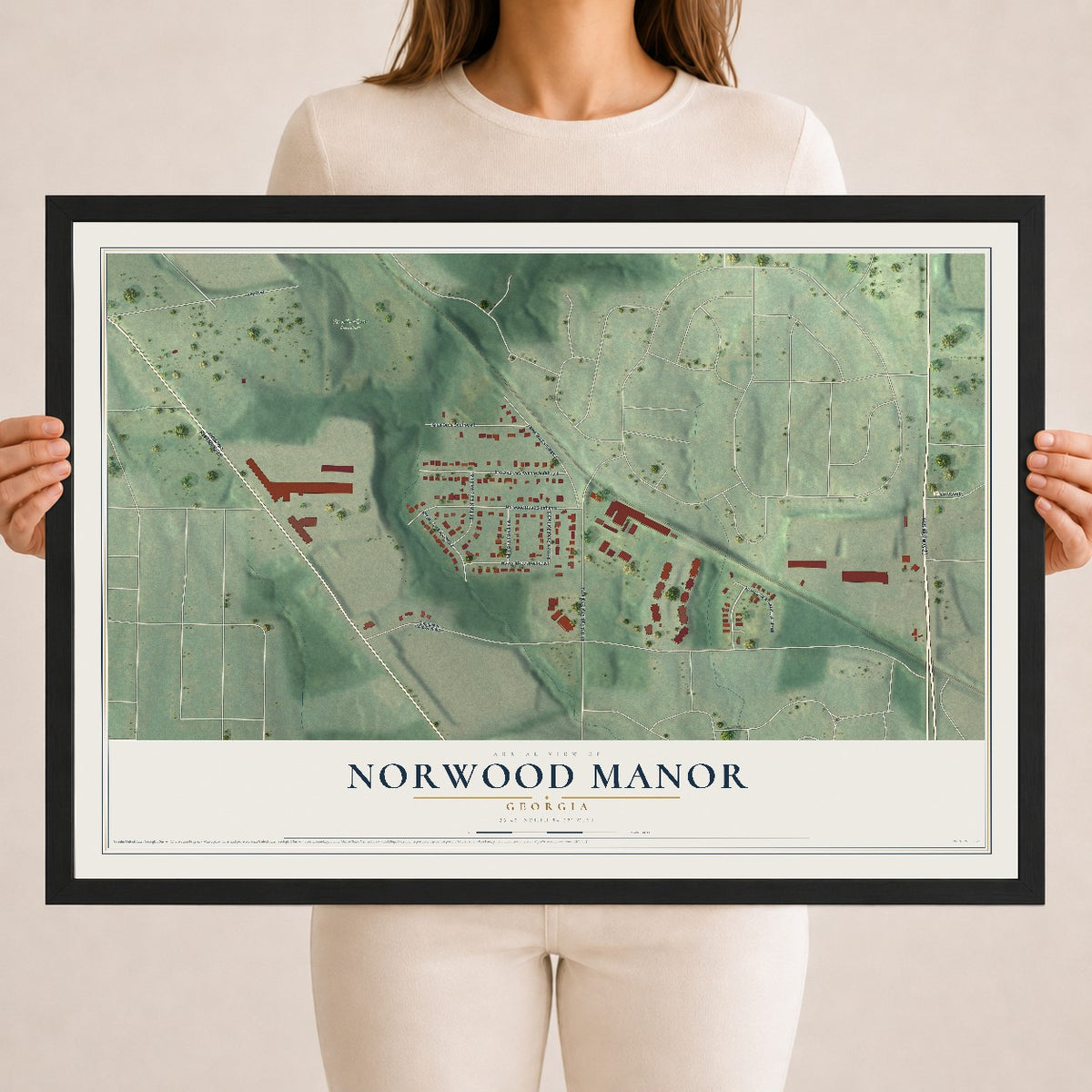 Norwood Manor, Georgia map print, 18" x 24" W/ Black Ayous Wood Frame mockup