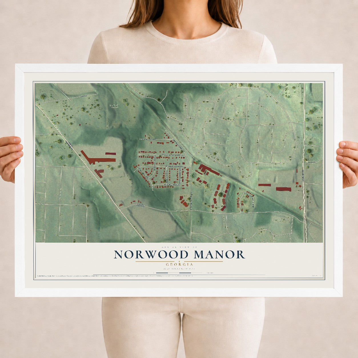 Norwood Manor, Georgia map print, 18" x 24" W/ White Ayous Wood Frame mockup