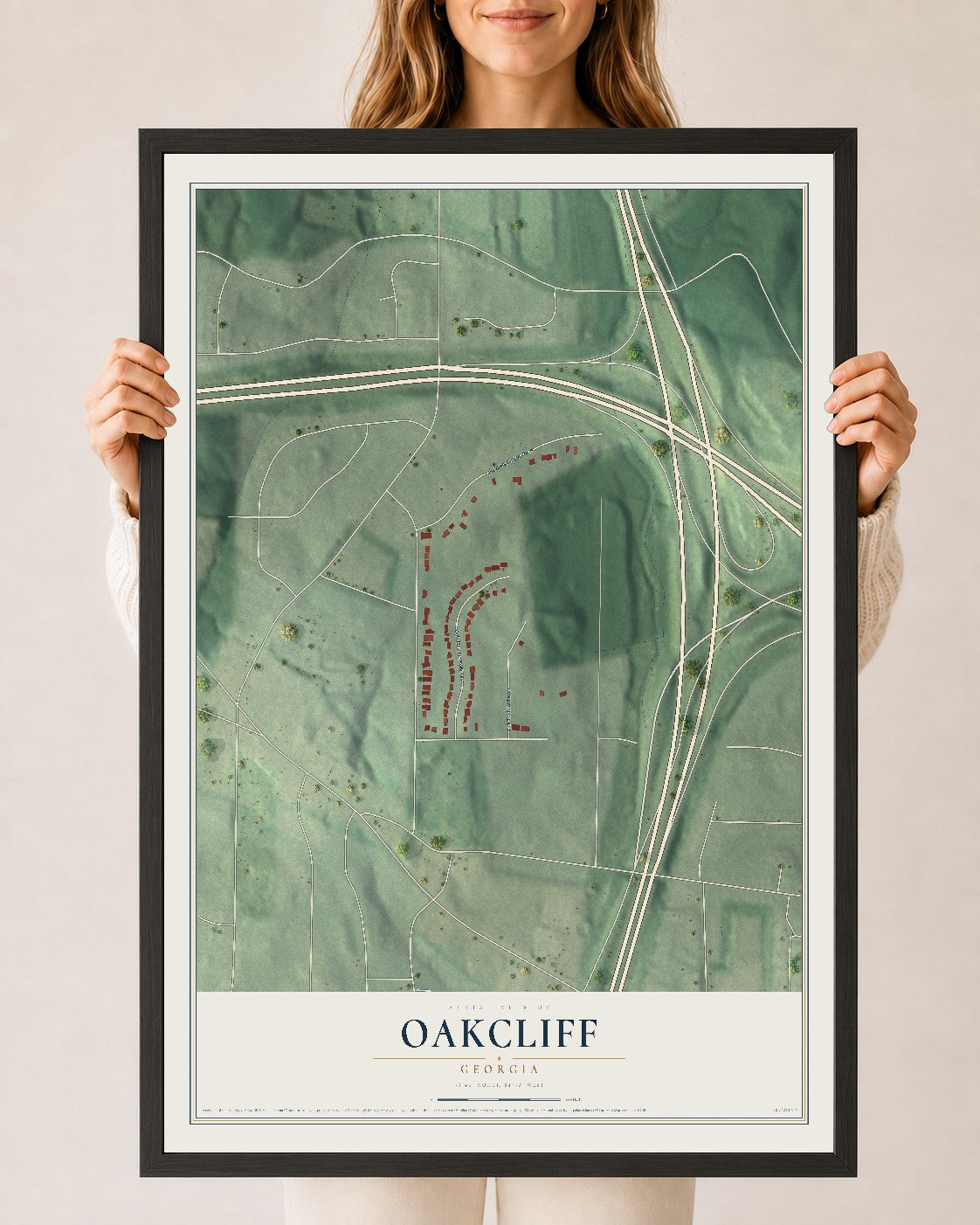 Oakcliff, Georgia map print, 24" x 36" W/ Black Ayous Wood Frame mockup