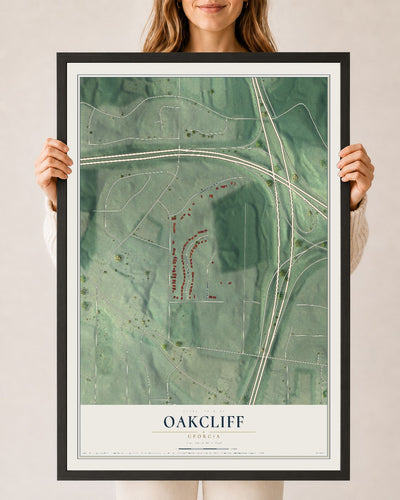 Oakcliff, Georgia map print, 24" x 36" W/ Black Ayous Wood Frame mockup