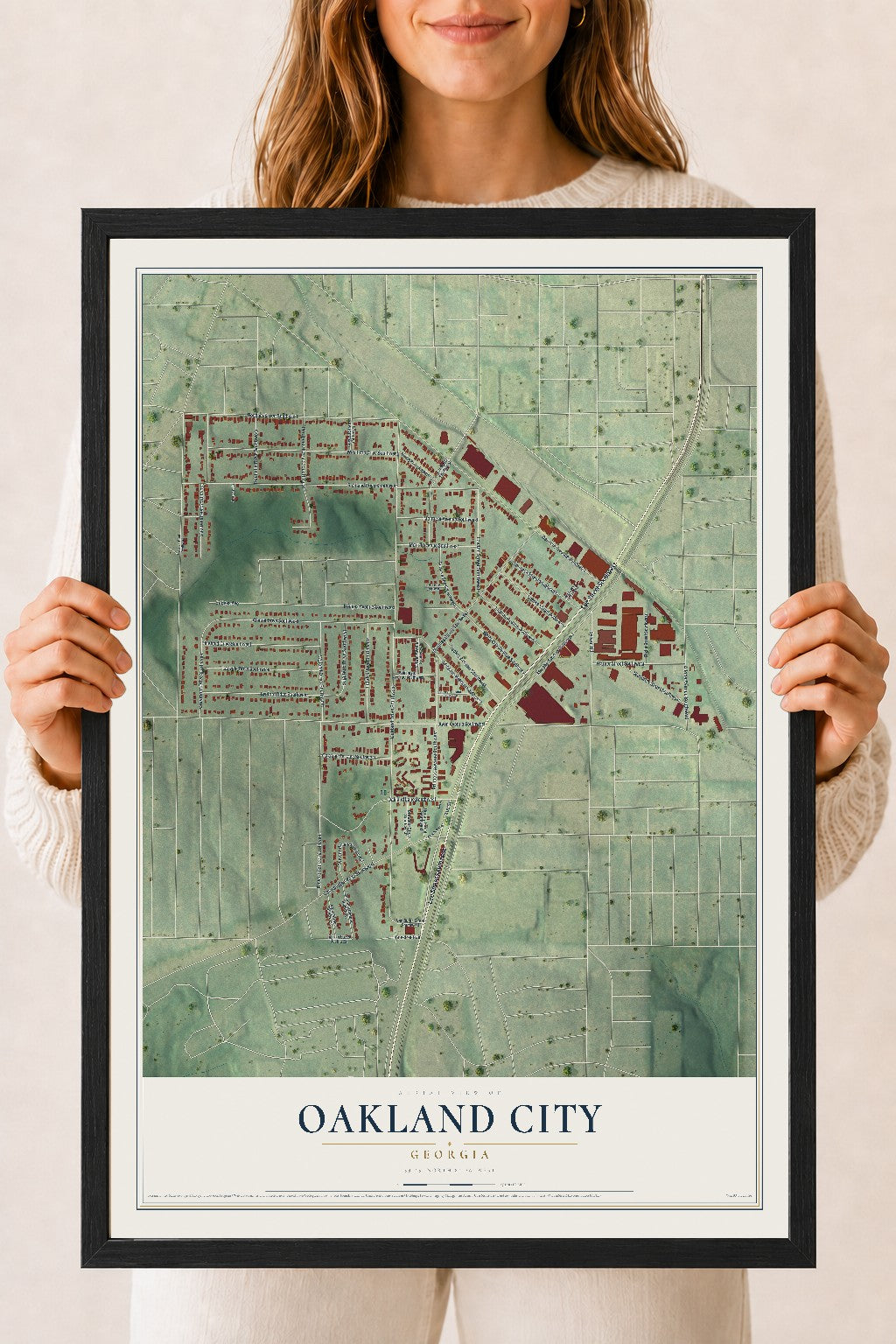 Oakland City, Georgia map print, 18" x 24" W/ Black Ayous Wood Frame mockup