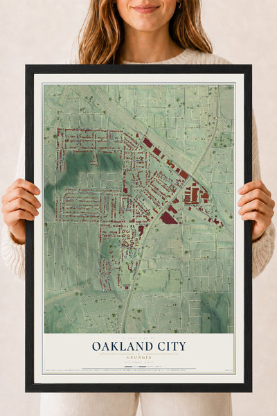 Oakland City, Georgia map print, 18" x 24" W/ Black Ayous Wood Frame mockup