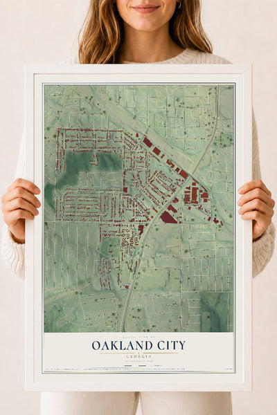 Oakland City, Georgia map print, 18" x 24" W/ White Ayous Wood Frame mockup