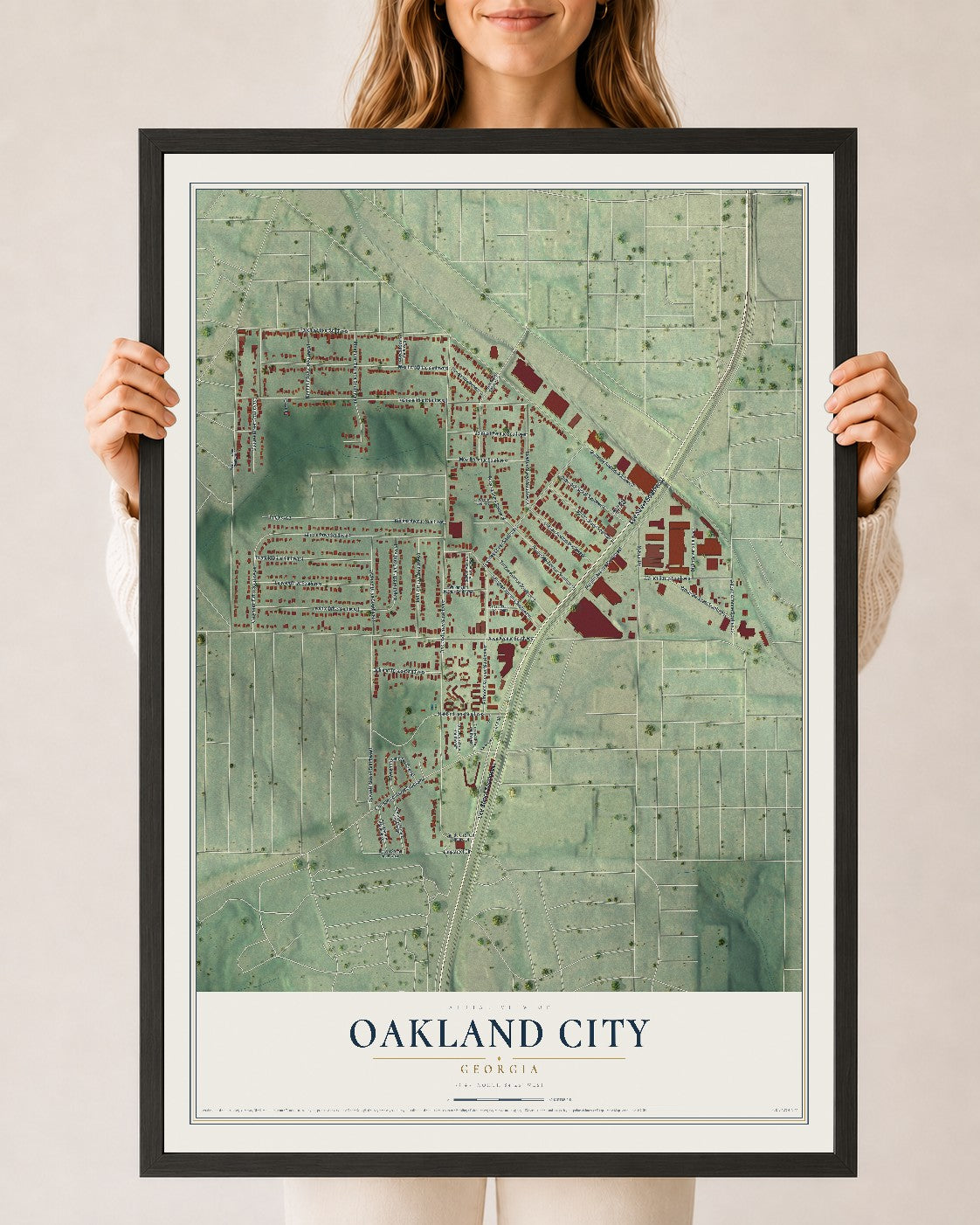 Oakland City, Georgia map print, 24" x 36" W/ Black Ayous Wood Frame mockup