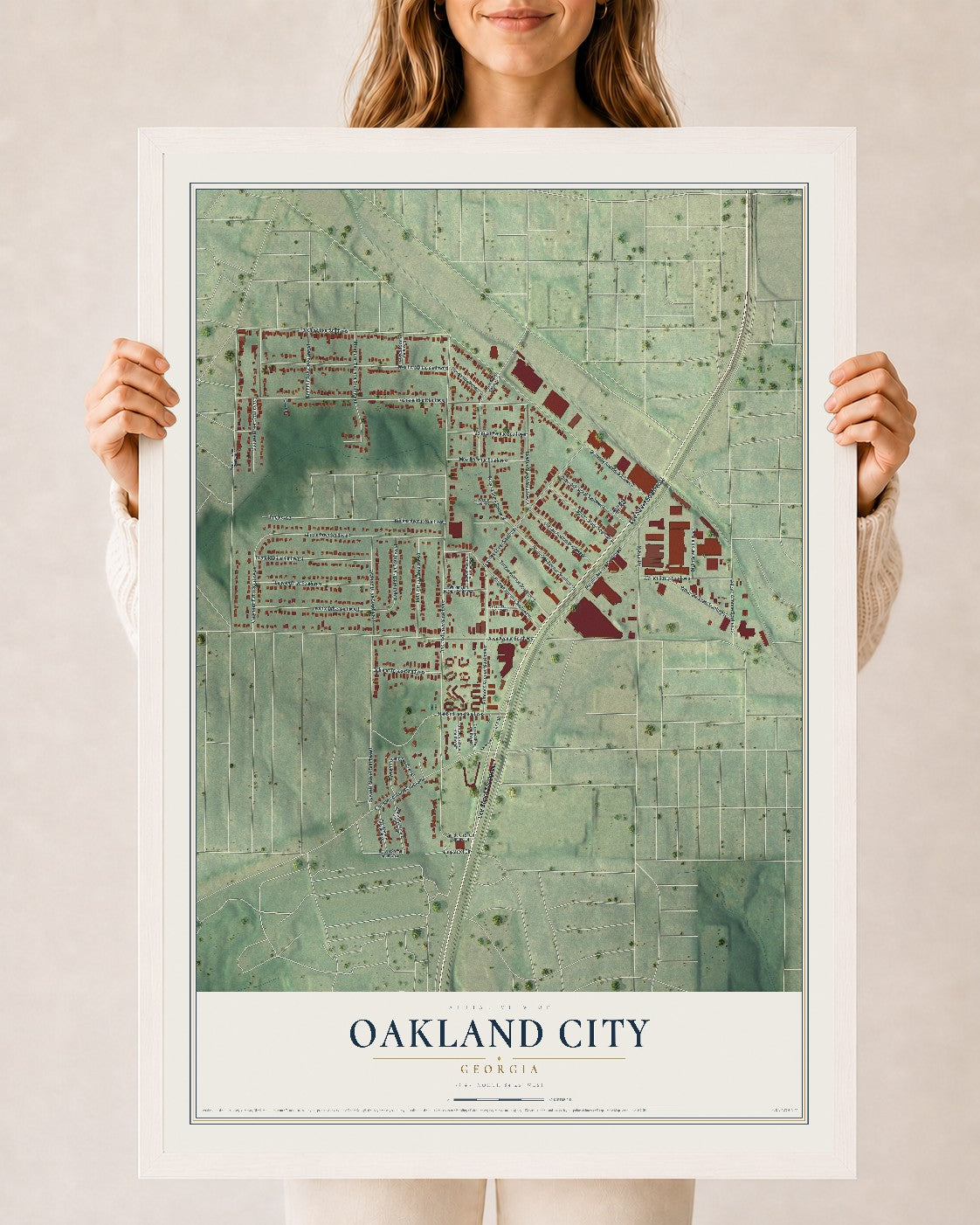 Oakland City, Georgia map print, 24" x 36" W/ White Ayous Wood Frame mockup