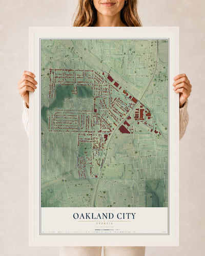 Oakland City, Georgia map print, 24" x 36" W/ White Ayous Wood Frame mockup