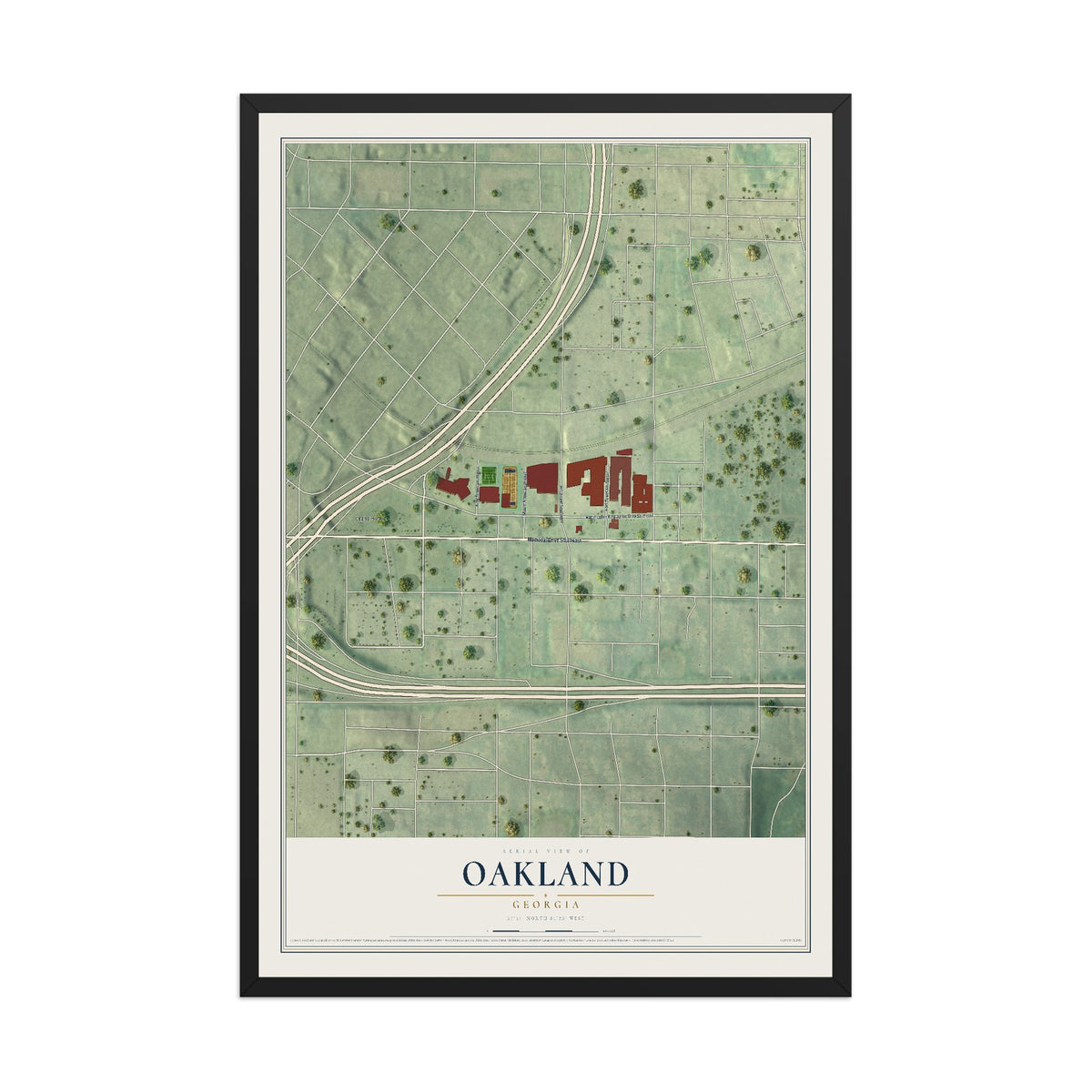 Oakland, Georgia map print, 12" x 18" W/ Black Ayous Wood Frame mockup