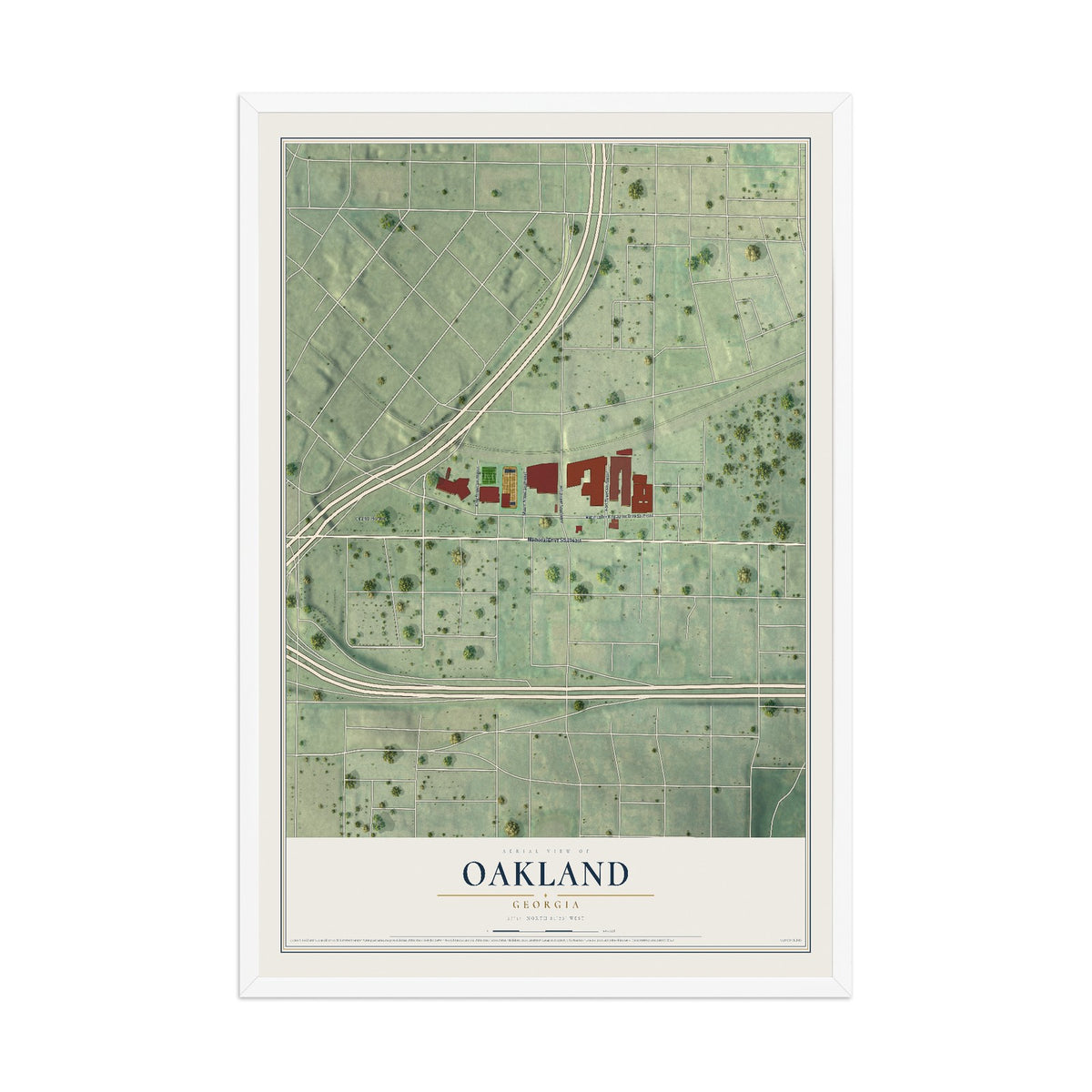 Oakland, Georgia map print, 12" x 18" W/ White Ayous Wood Frame mockup