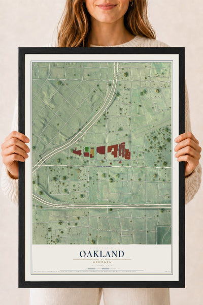 Oakland, Georgia map print, 18" x 24" W/ Black Ayous Wood Frame mockup