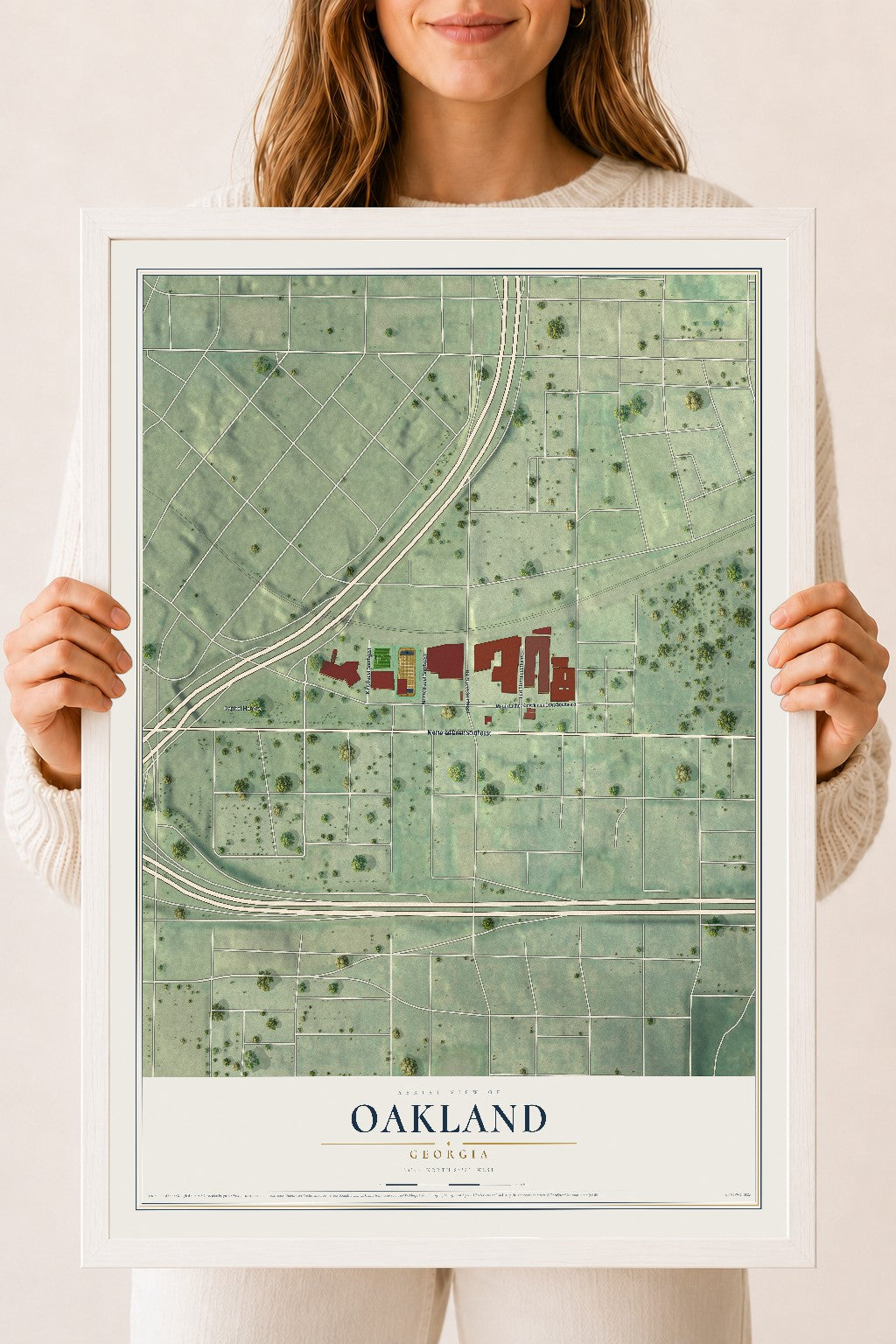 Oakland, Georgia map print, 18" x 24" W/ White Ayous Wood Frame mockup