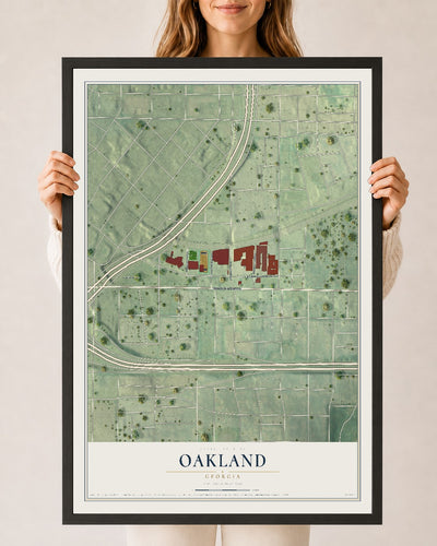 Oakland, Georgia map print, 24" x 36" W/ Black Ayous Wood Frame mockup