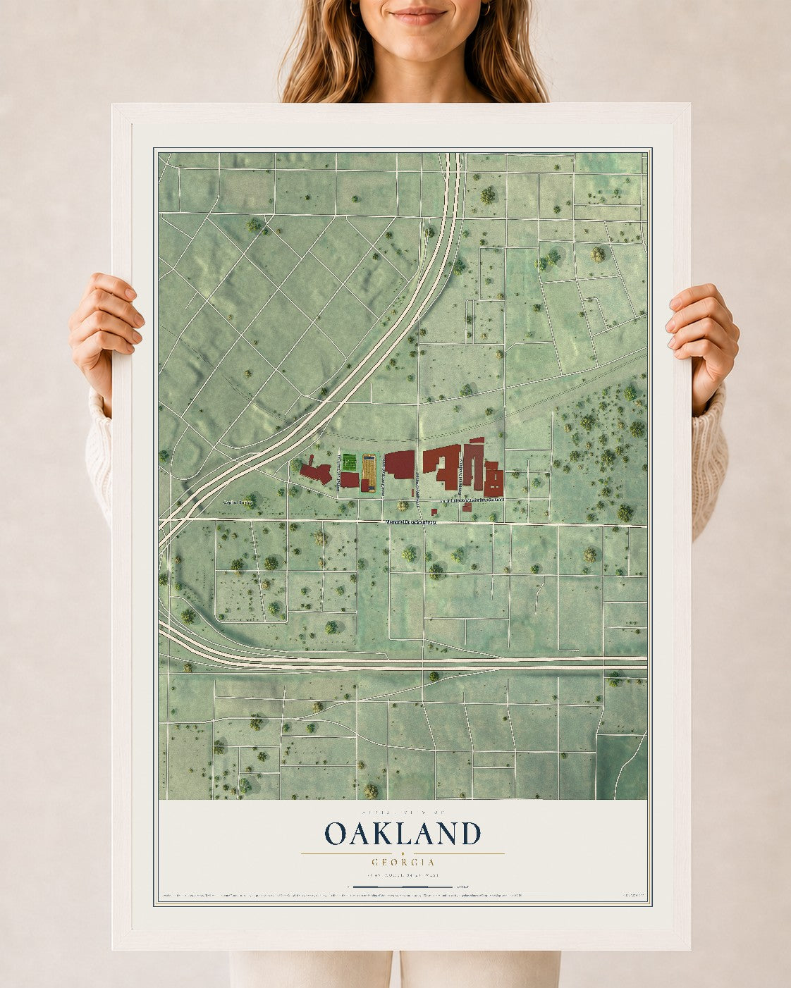 Oakland, Georgia map print, 24" x 36" W/ White Ayous Wood Frame mockup
