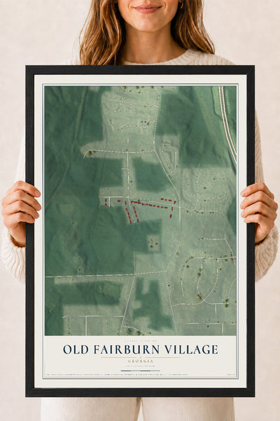Old Fairburn Village, Georgia map print, 18" x 24" W/ Black Ayous Wood Frame mockup