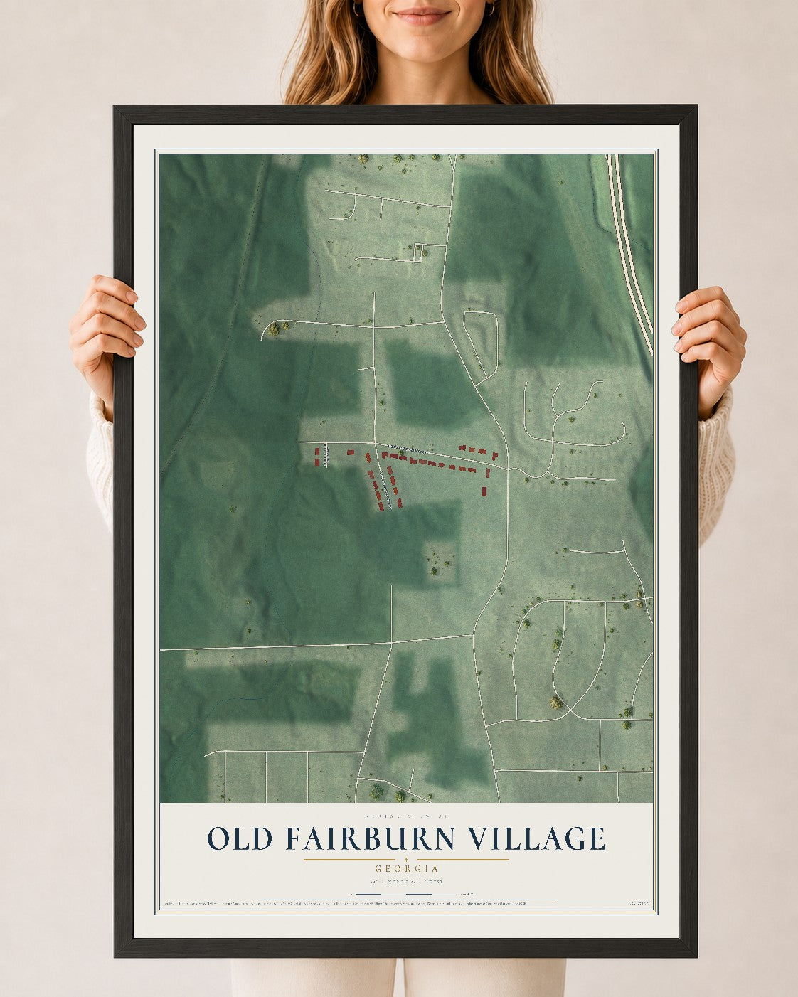 Old Fairburn Village, Georgia map print, 24" x 36" W/ Black Ayous Wood Frame mockup