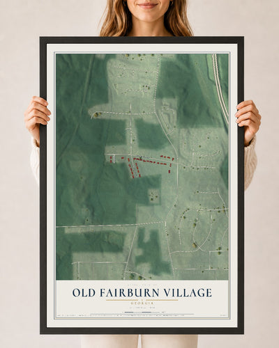 Old Fairburn Village, Georgia map print, 24" x 36" W/ Black Ayous Wood Frame mockup