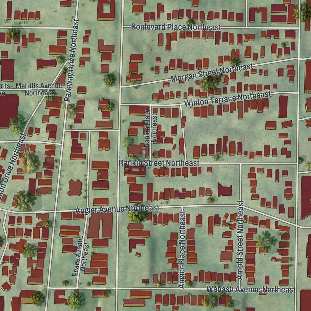 Close-up 1 of the Old Fourth Ward, Georgia map artwork