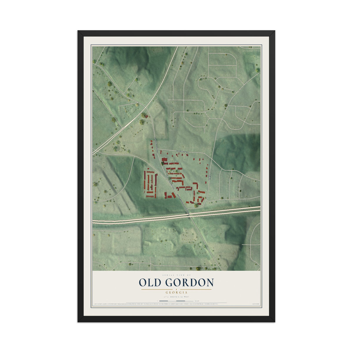 Old Gordon, Georgia map print, 12" x 18" W/ Black Ayous Wood Frame mockup