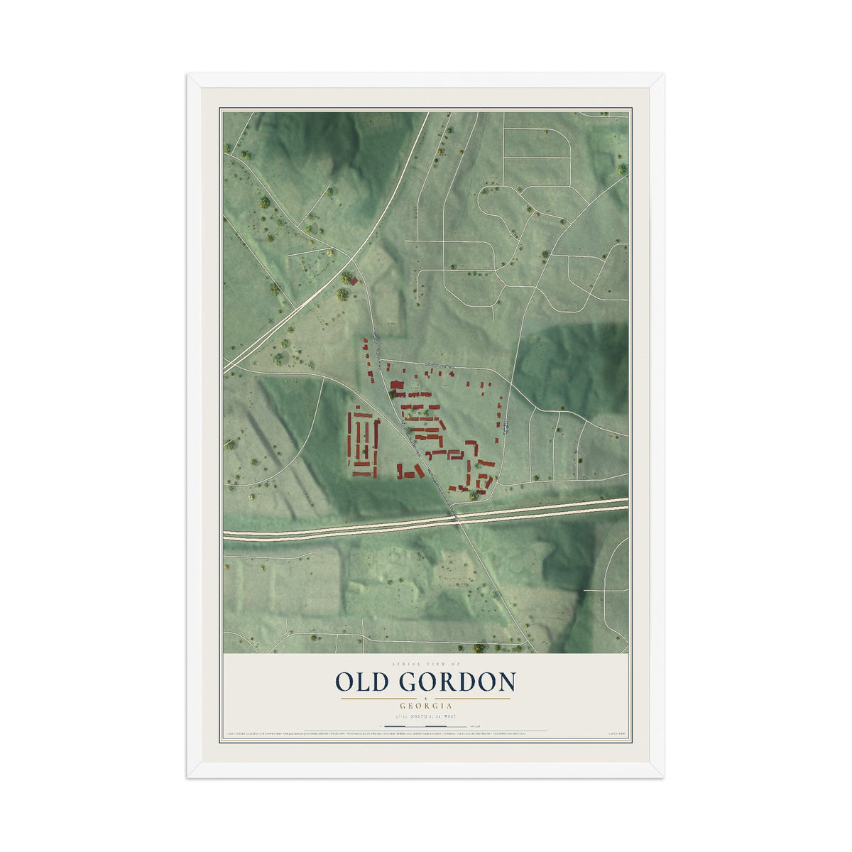 Old Gordon, Georgia map print, 12" x 18" W/ White Ayous Wood Frame mockup