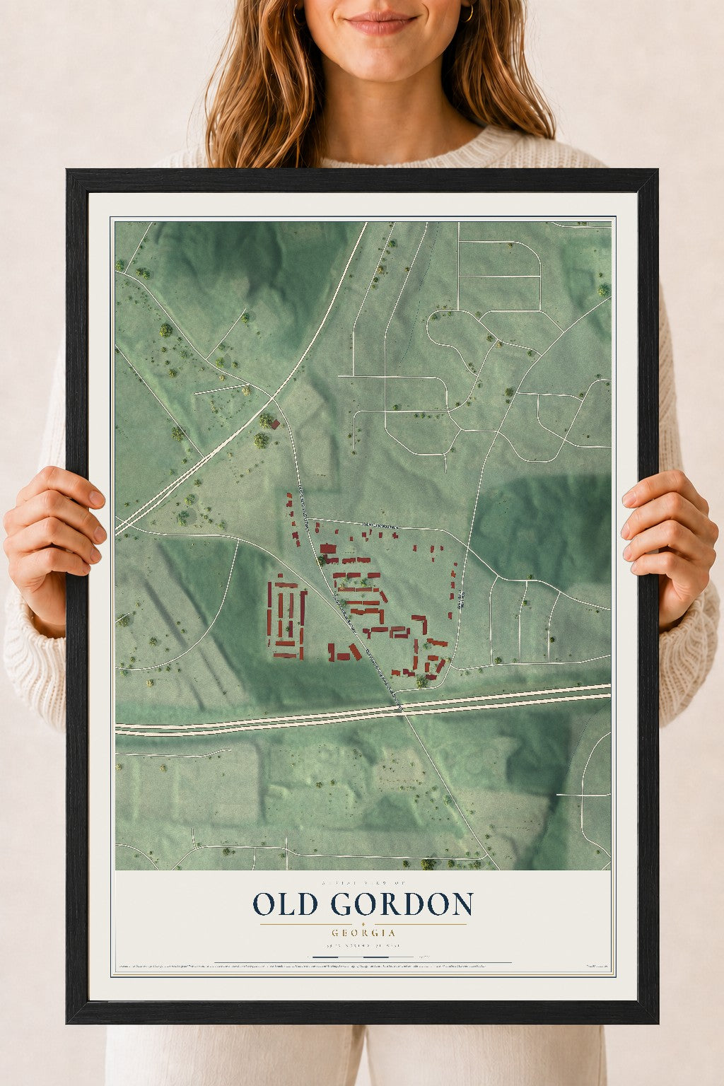 Old Gordon, Georgia map print, 18" x 24" W/ Black Ayous Wood Frame mockup
