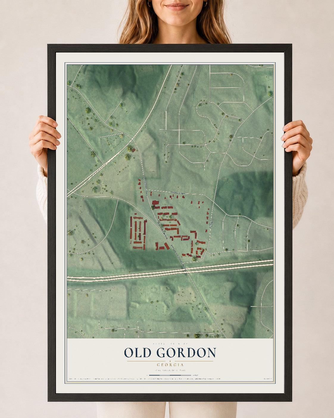 Old Gordon, Georgia map print, 24" x 36" W/ Black Ayous Wood Frame mockup