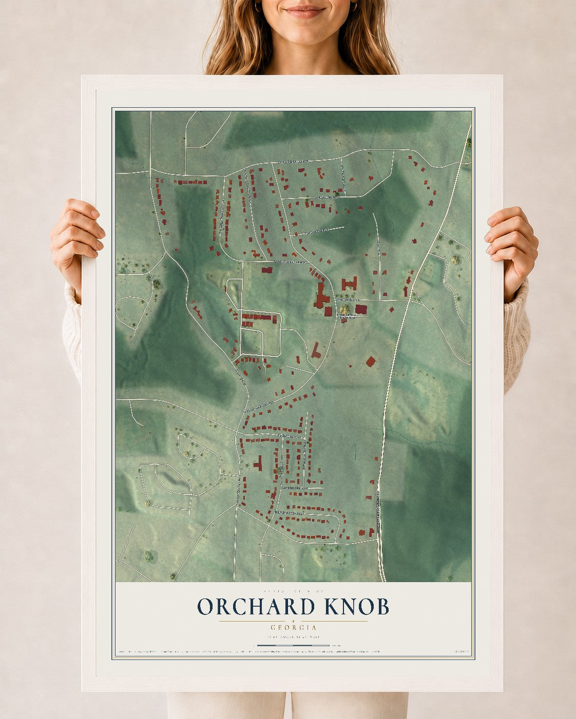 Orchard Knob, Georgia map print, 24" x 36" W/ White Ayous Wood Frame mockup