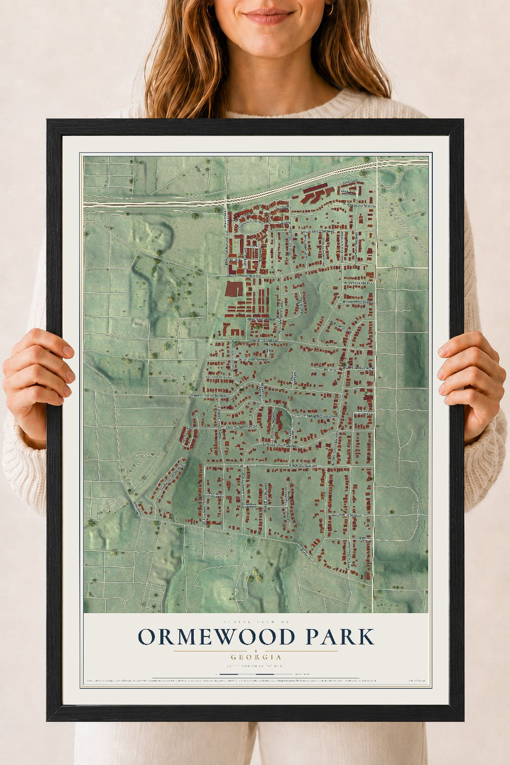 Ormewood Park, Georgia map print, 18" x 24" W/ Black Ayous Wood Frame mockup