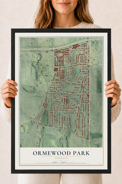 Ormewood Park, Georgia map print, 18" x 24" W/ Black Ayous Wood Frame mockup