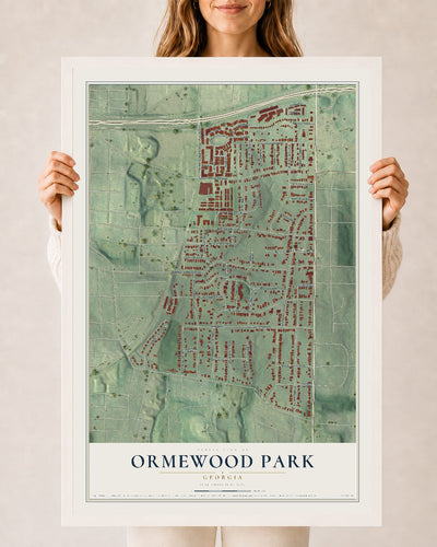 Ormewood Park, Georgia map print, 24" x 36" W/ White Ayous Wood Frame mockup