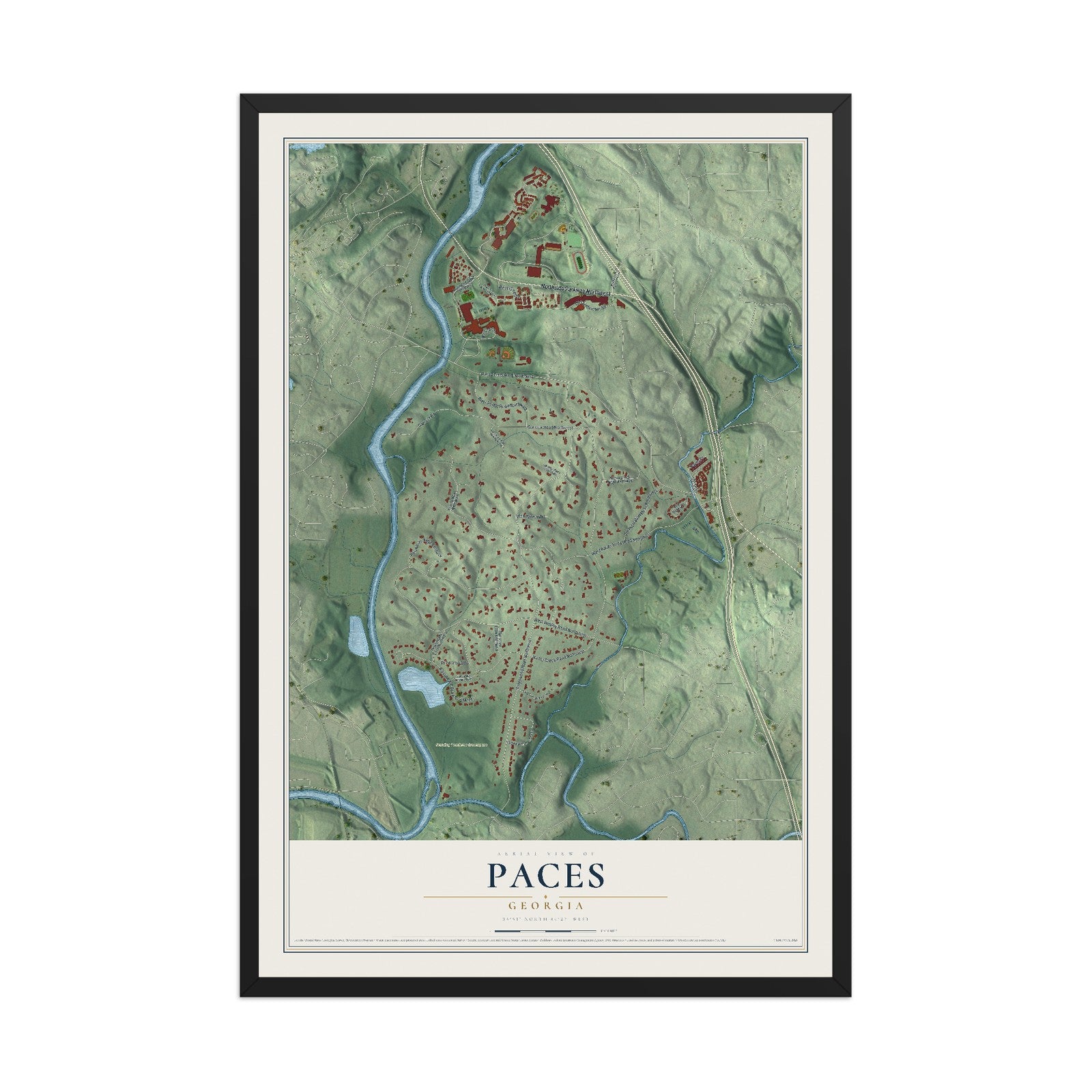 Paces, Georgia map print, 12" x 18" W/ Black Ayous Wood Frame mockup