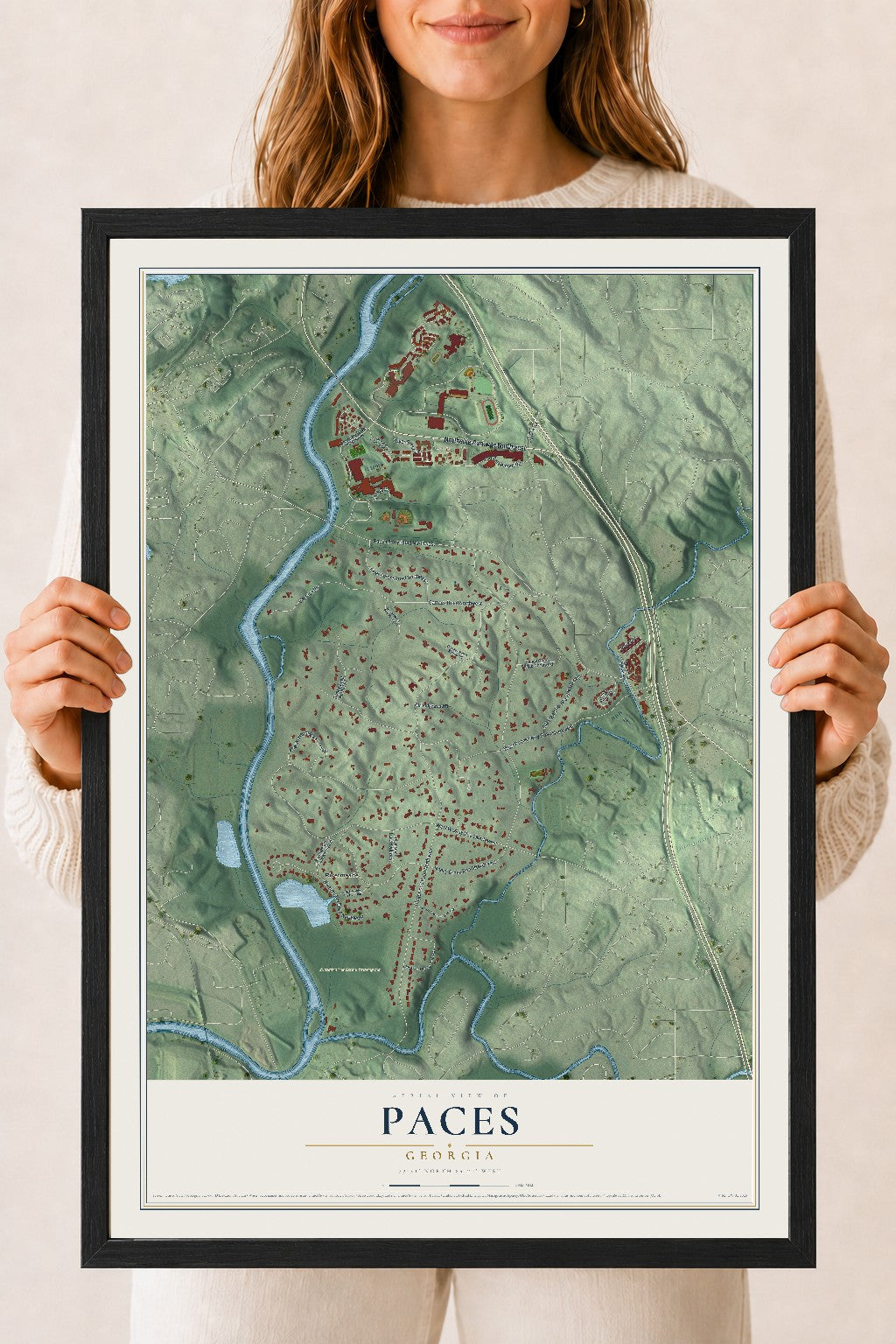 Paces, Georgia map print, 18" x 24" W/ Black Ayous Wood Frame mockup