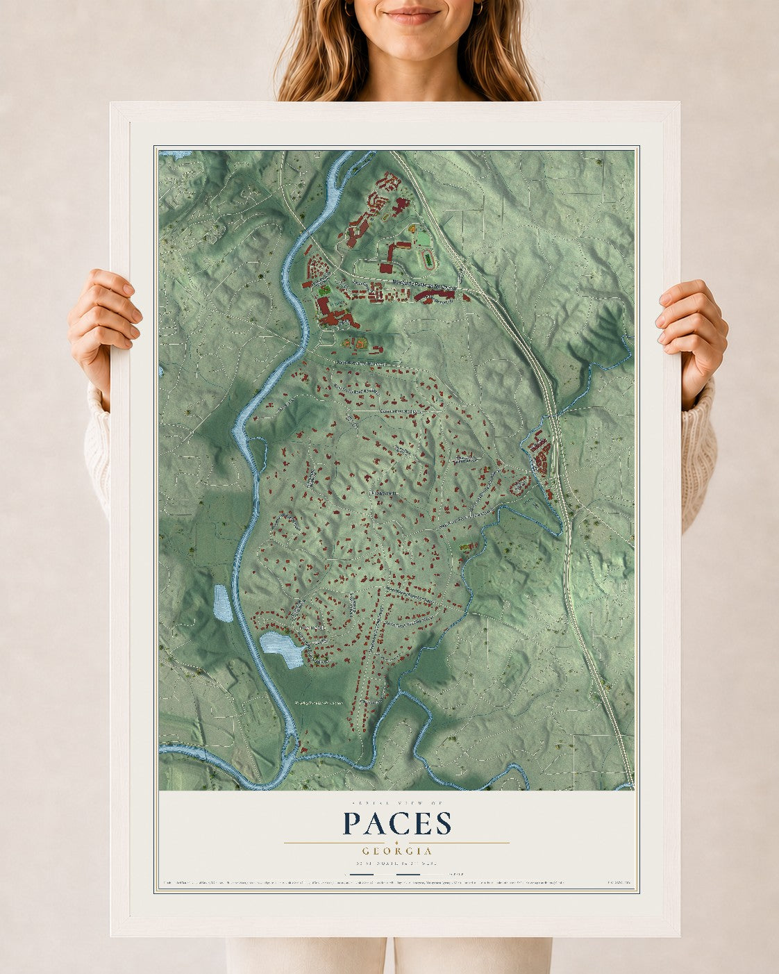 Paces, Georgia map print, 24" x 36" W/ White Ayous Wood Frame mockup