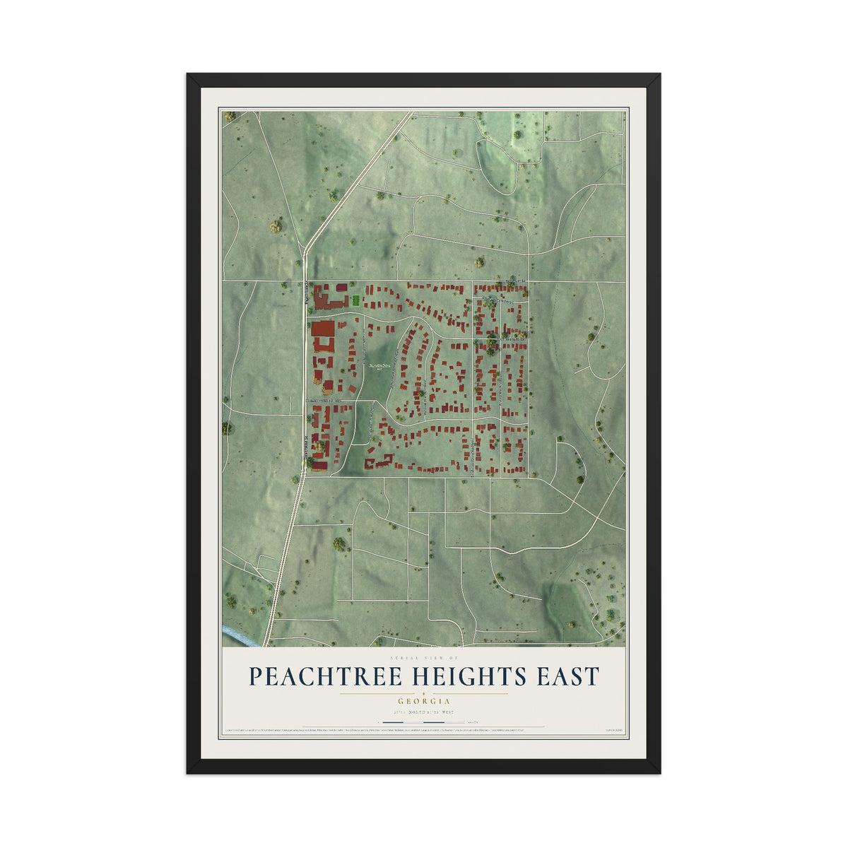 Peachtree Heights East, Georgia map print, 12" x 18" W/ Black Ayous Wood Frame mockup