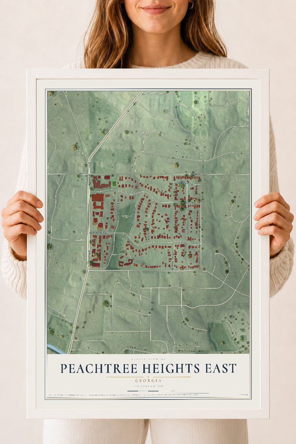 Peachtree Heights East, Georgia map print, 18" x 24" W/ White Ayous Wood Frame mockup