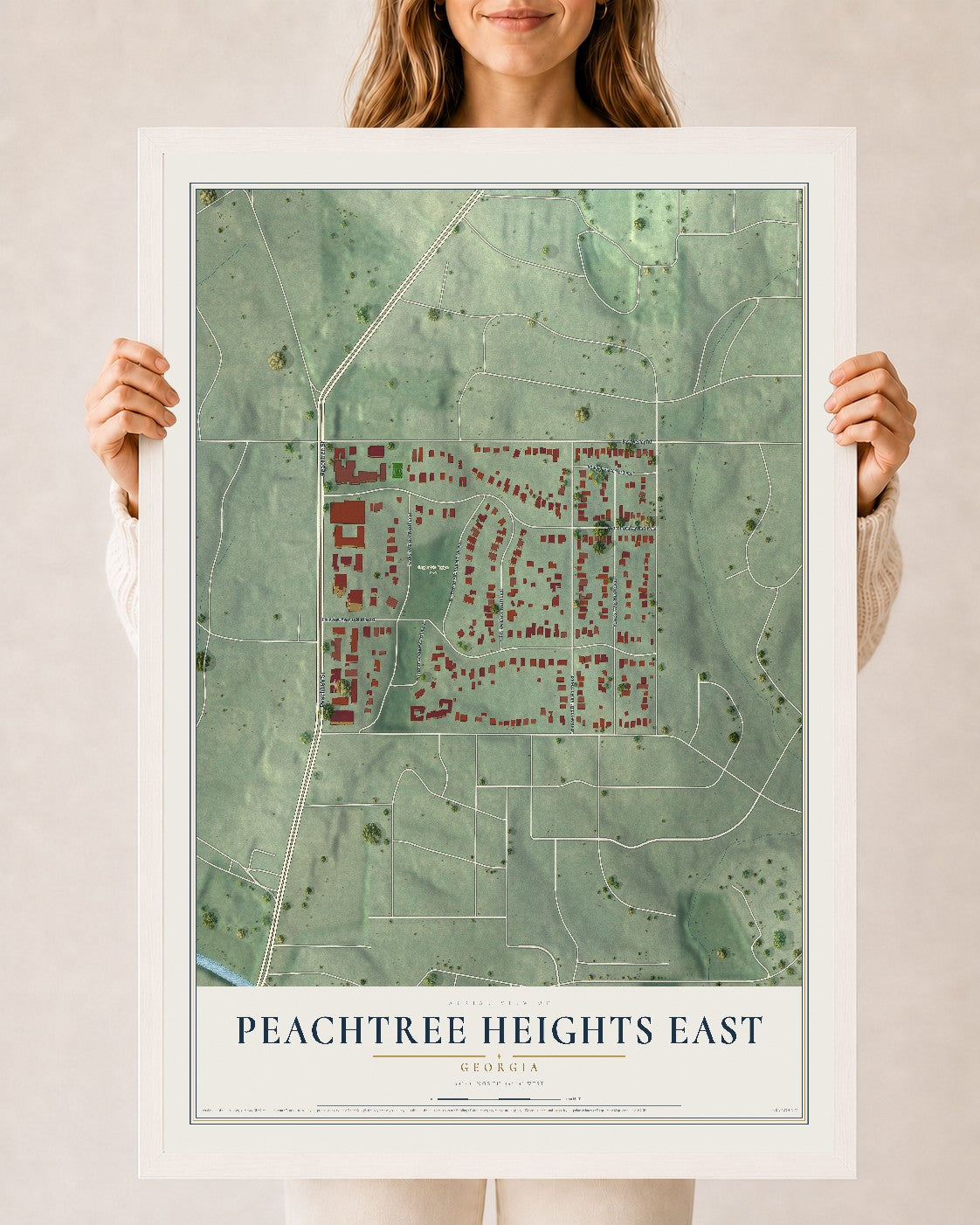 Peachtree Heights East, Georgia map print, 24" x 36" W/ White Ayous Wood Frame mockup