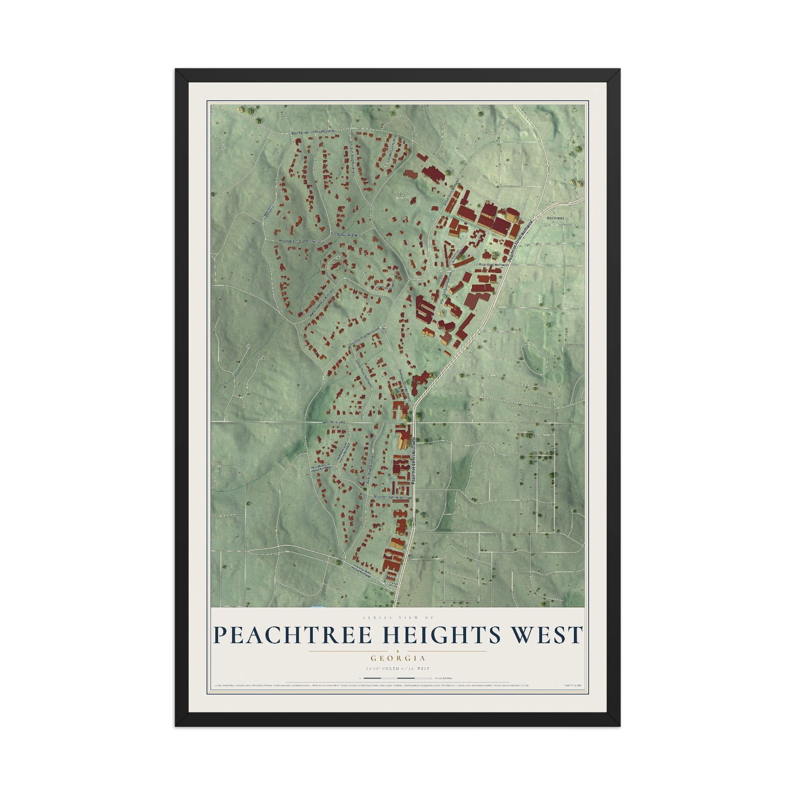 Peachtree Heights West, Georgia map print, 12" x 18" W/ Black Ayous Wood Frame mockup
